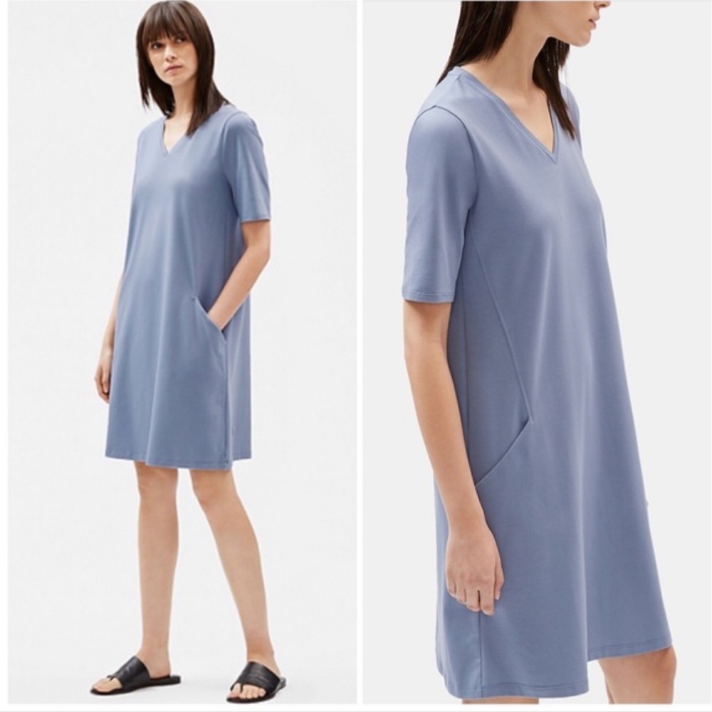 EILEEN FISHER Organic Cotton Stretch V-Neck Dress Size XXS